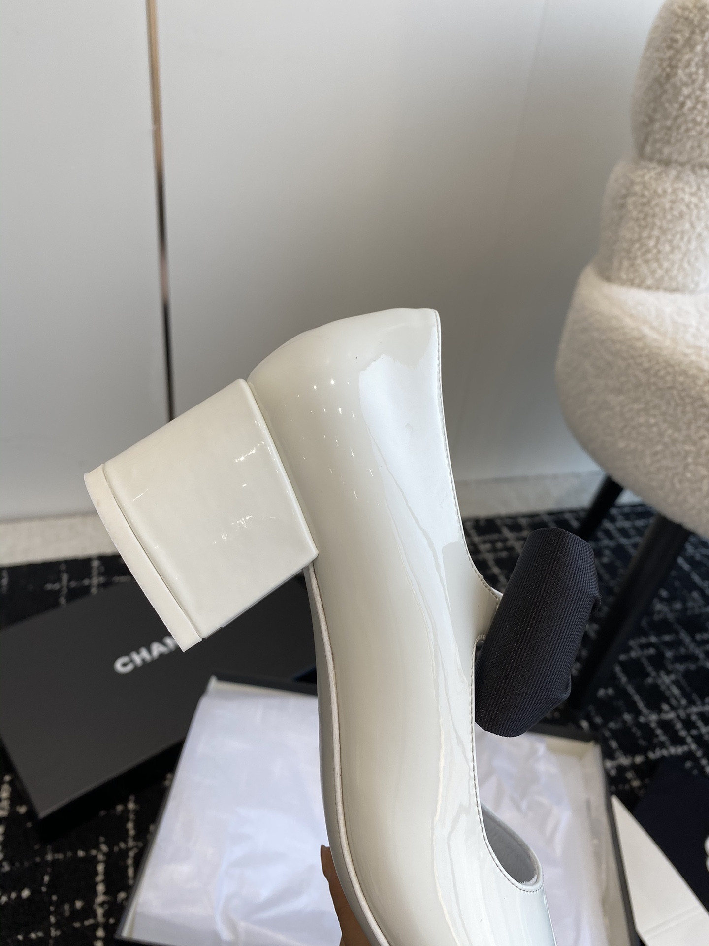 UA Ch*el MARY JANES Patent Calfskin & Grosgrain