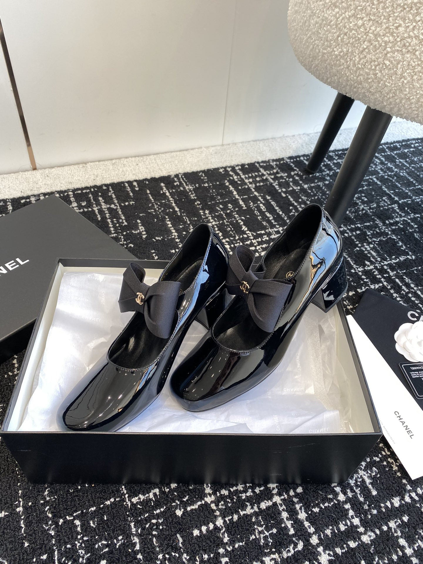 UA Ch*el MARY JANES Patent Calfskin & Grosgrain