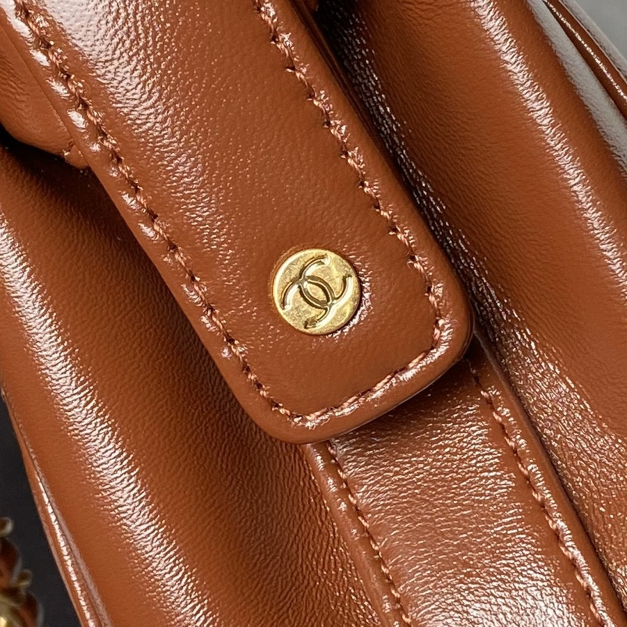 Ch*el MINI BAG WITH TOP HANDLE Shiny Lambskin & Gold-Tone Metal Brown 12 × 18 × 7 cm