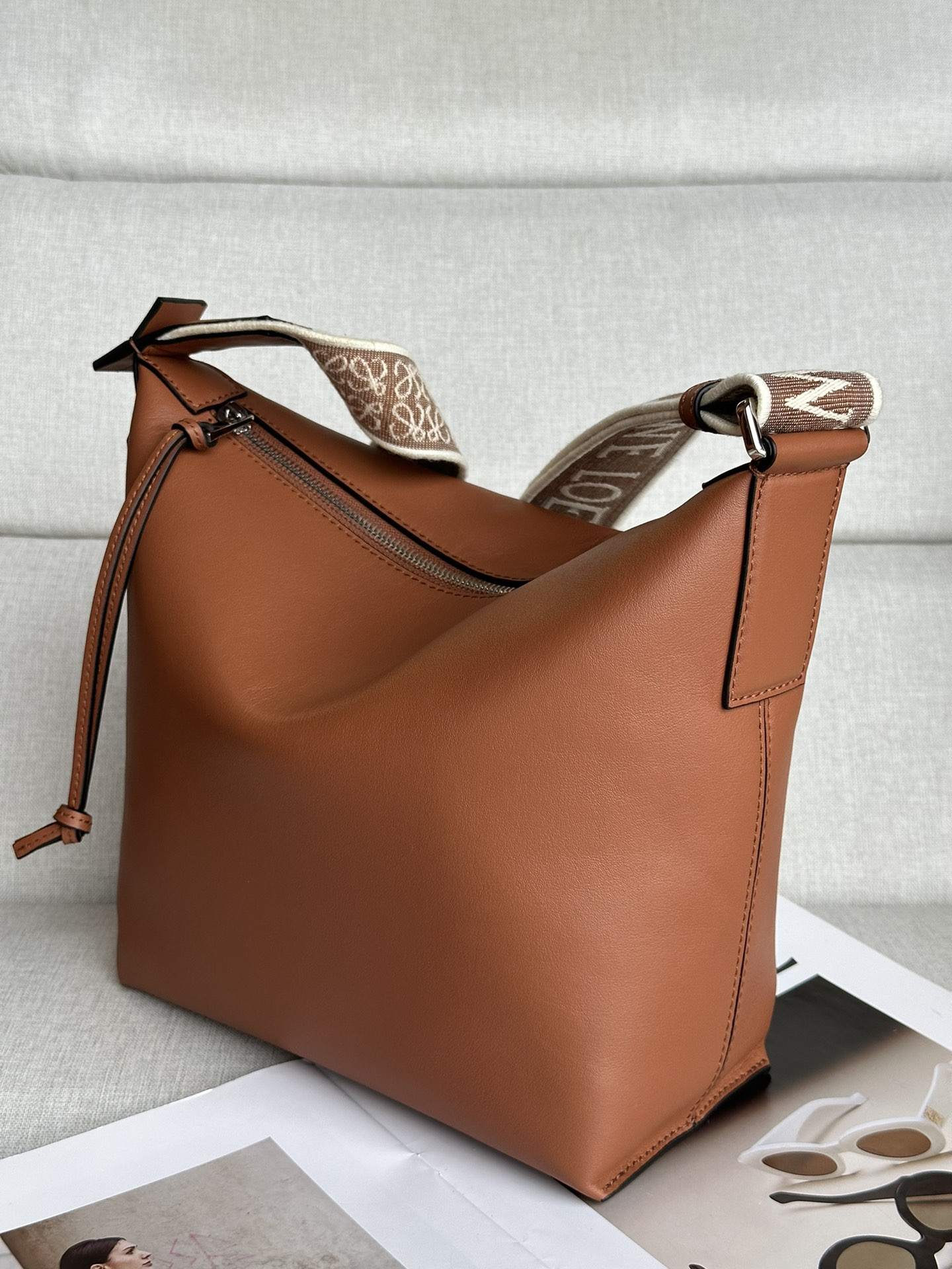 L0ew* Small Cubi crossbody bag in S*pple smooth calfskin and jacquard 29.5x10.5x22cm