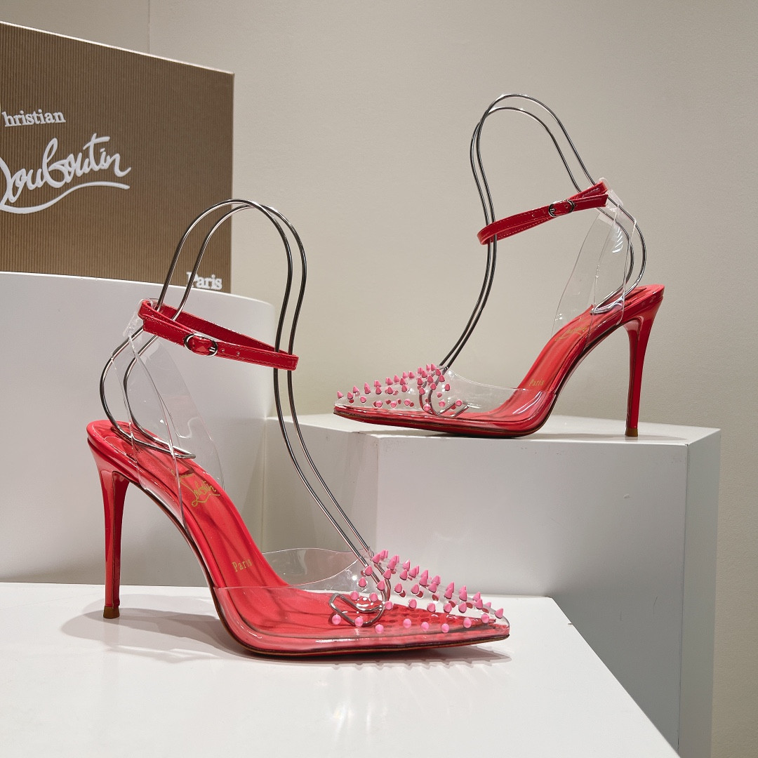 UA Ch**an Louboutin CL pointed toe high-heeled transparent studded sandals