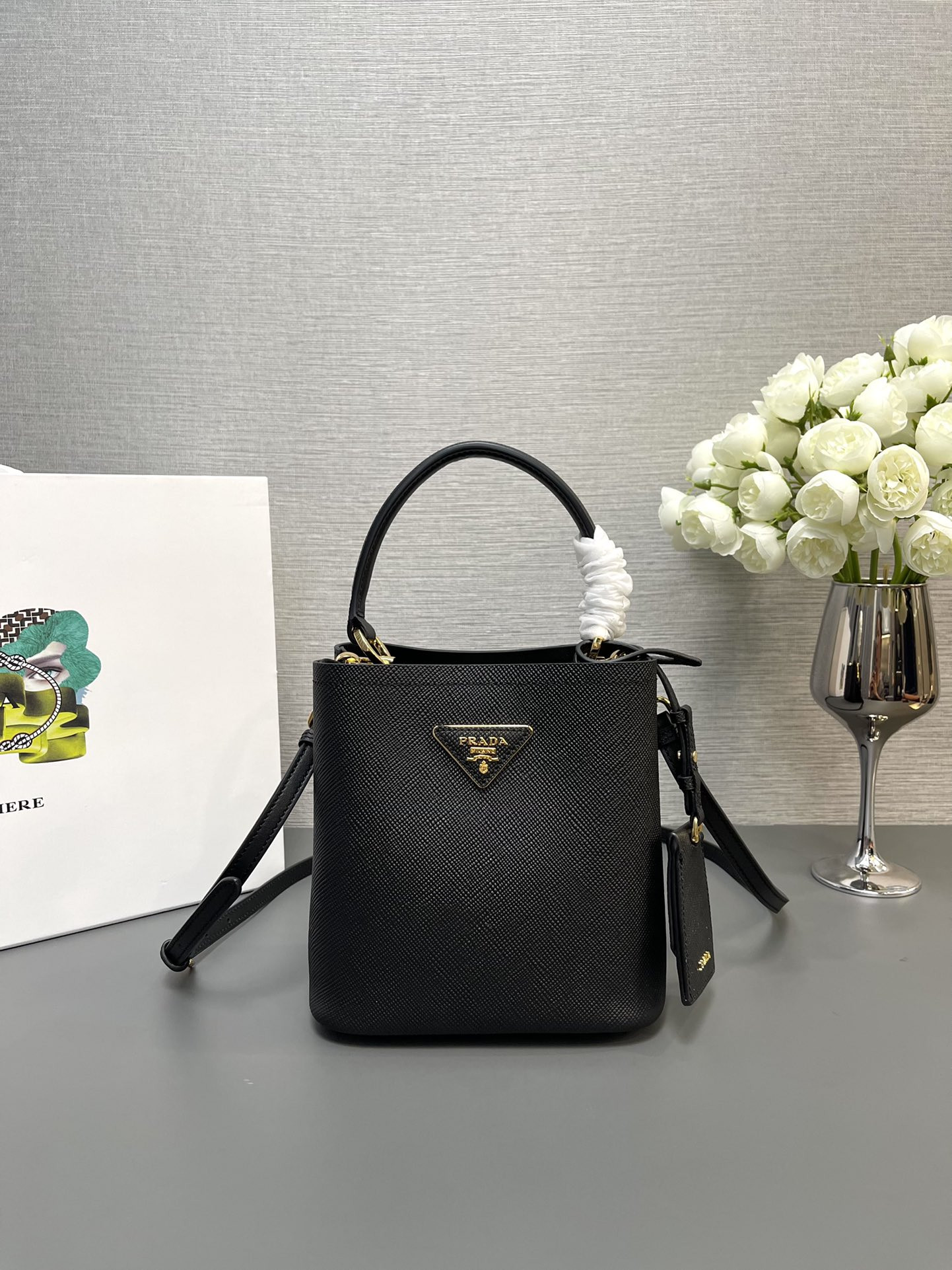 Pra*a Small Saffiano Leather Pra*a Panier Bag 18x17x10.5cm