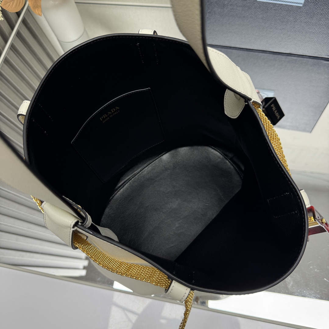 Pra*a Buckle leather bucket bag with jeweled belt 29x26.5x18cm